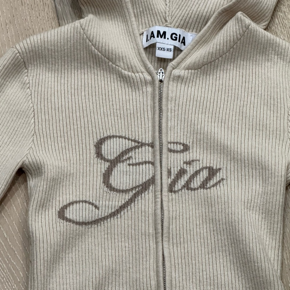 I.AM.GIA Kids Ribbed Zip-Up Hoodie in Beige with Brown Script